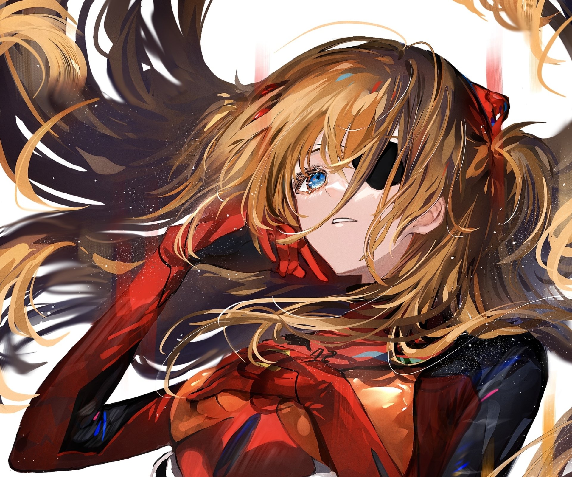 HD anime desktop wallpaper featuring Asuka Langley Sohryu from Neon Genesis Evangelion with flowing hair and her signature red plugsuit.