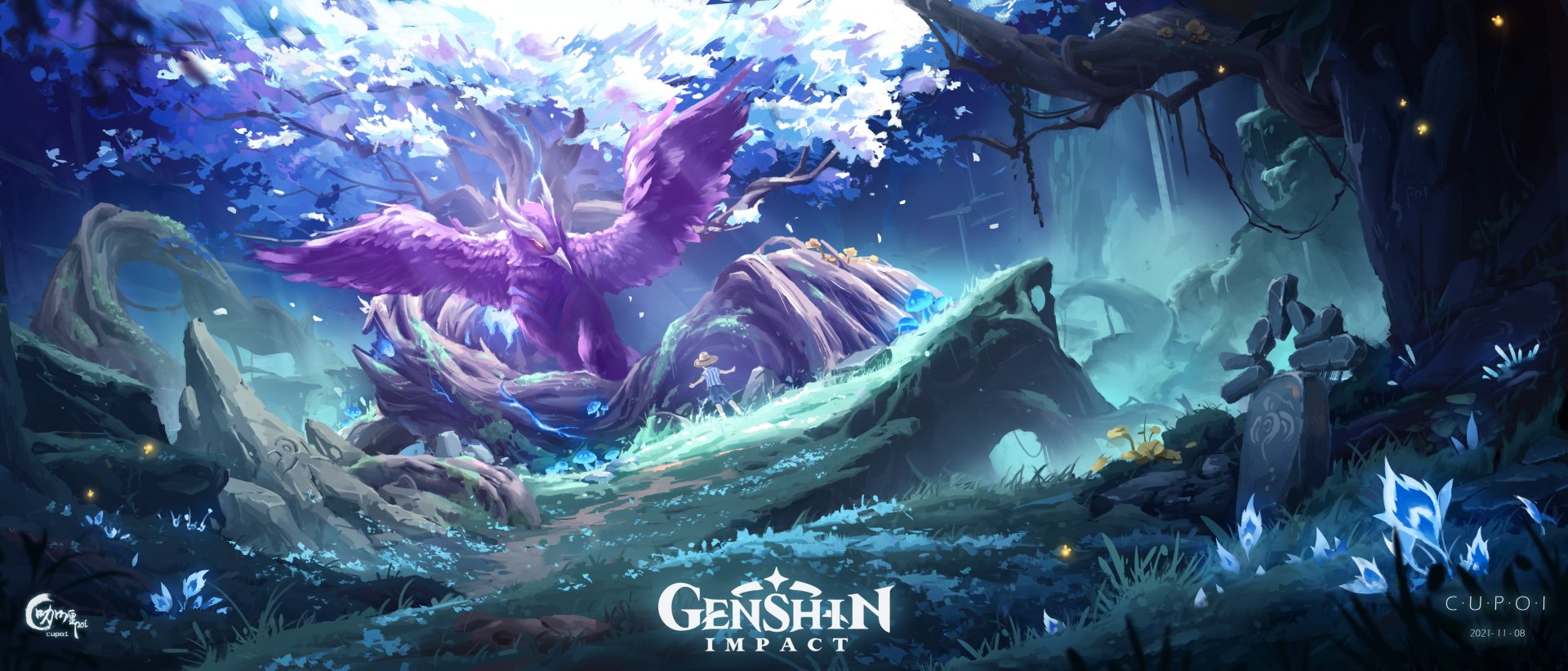 HD PC desktop wallpaper from the video game Genshin Impact, featuring a vibrant fantasy scenery with a glowing purple bird and lush, mystical forest elements.