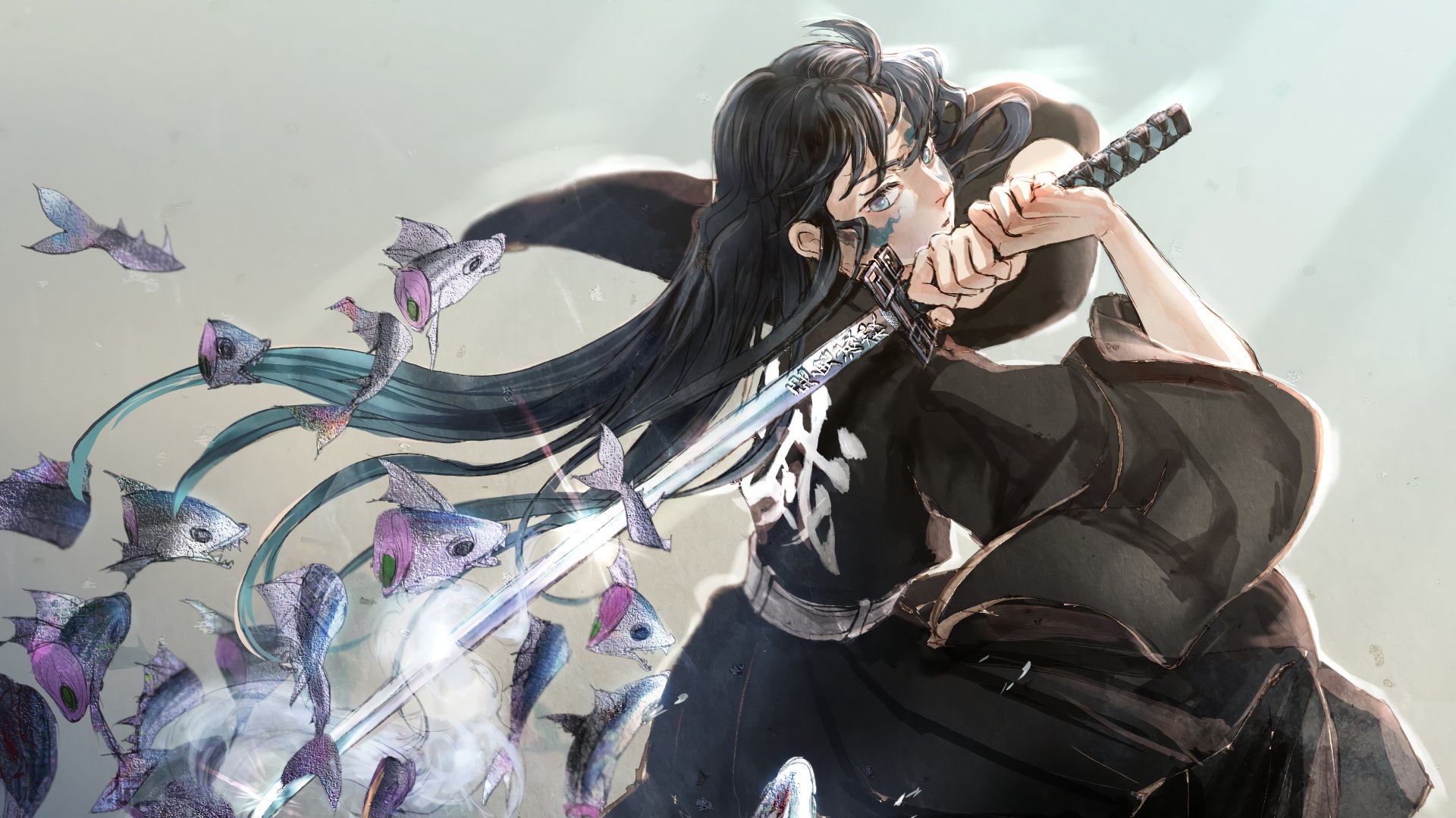 Muichiro Tokito from Demon Slayer: Kimetsu no Yaiba wielding a sword amidst swirling fish, in a dynamic 4K Ultra HD anime wallpaper.