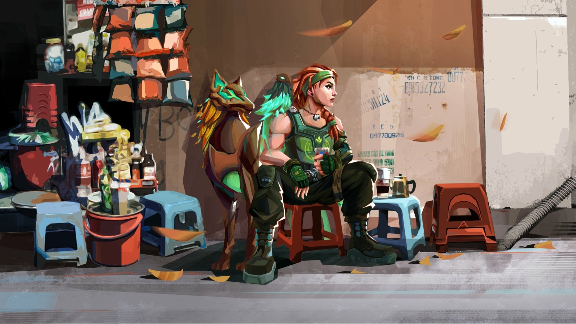 Skye (Valorant) from the video game Valorant sits on a street-side stool with a glowing green bird on her shoulder, surrounded by market crates and graffiti — HD PC desktop wallpaper/background.