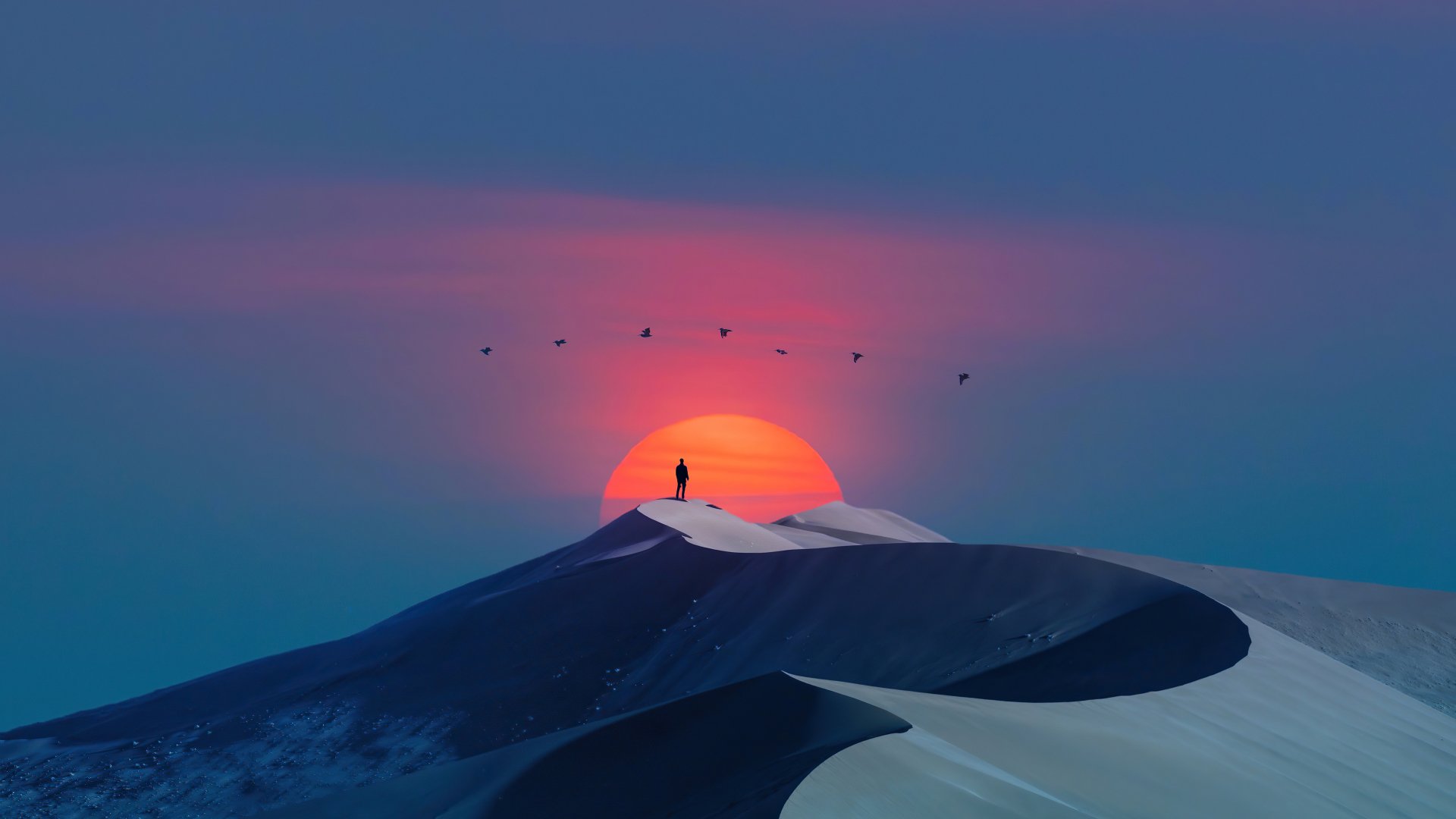 Artistic 4K Ultra HD wallpaper of a lone figure standing on a sand dune in a desert at sunset, with birds flying across the colorful sky.