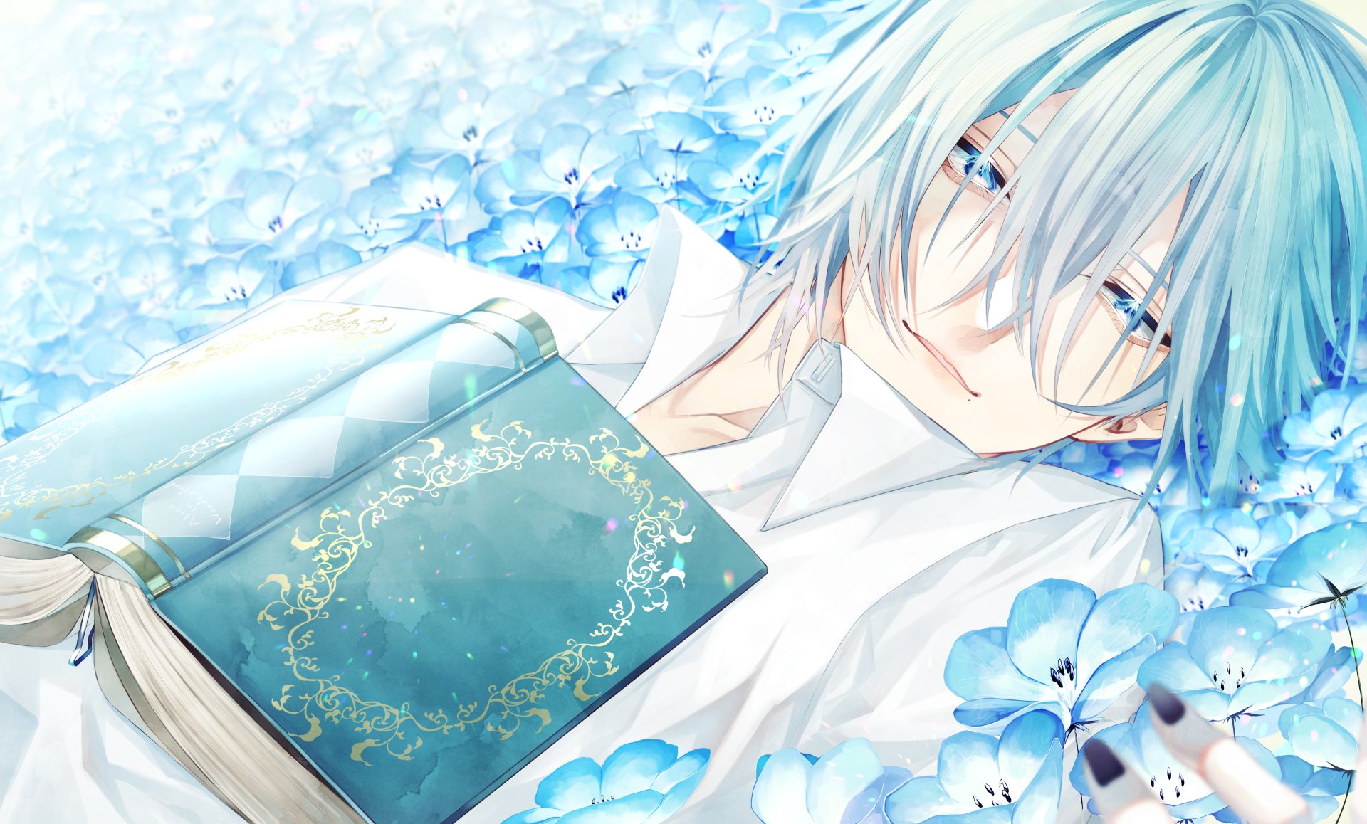 Anime boy with pale blue hair lies among blue flowers, holding an ornate book. 4K Ultra HD anime wallpaper with soft, serene colors and delicate details.