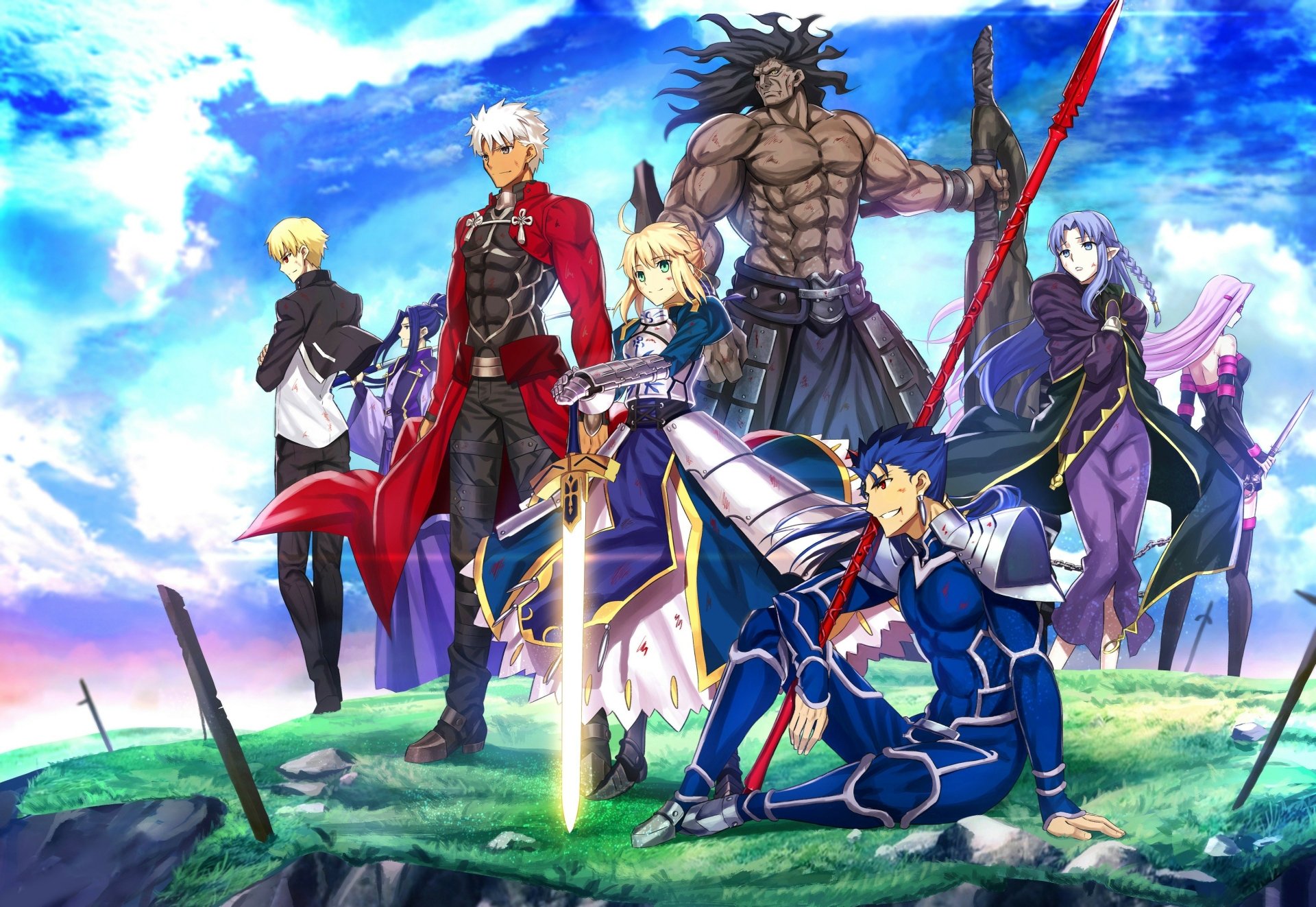 4K Ultra HD Fate/Stay Night anime wallpaper featuring key characters in dynamic poses against a vibrant sky and grassy landscape background.