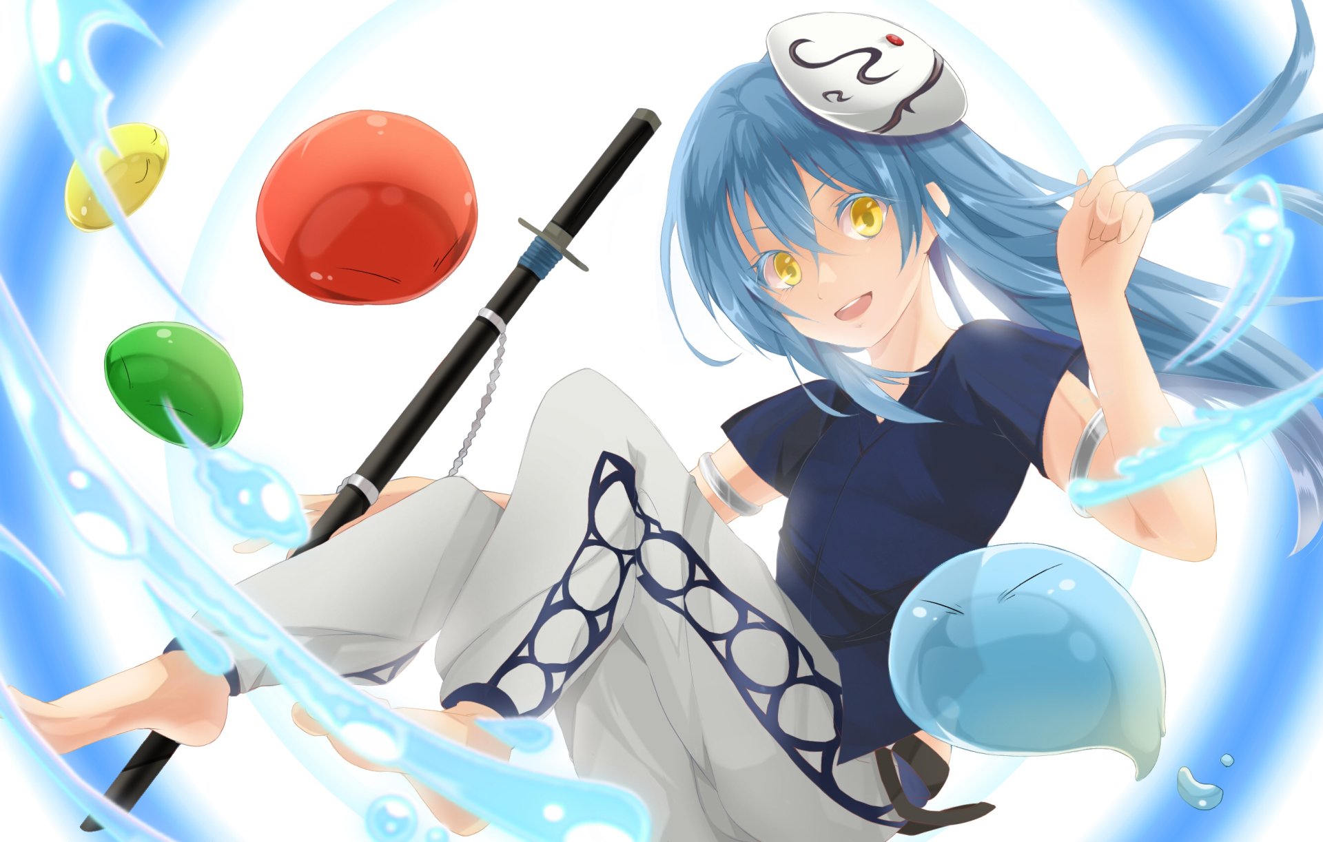 Rimuru Tempest from That Time I Got Reincarnated as a Slime — anime 2K Quad HD PC wallpaper: blue‑haired Rimuru with staff, yellow eyes, smiling amid colorful slimes and swirling water.