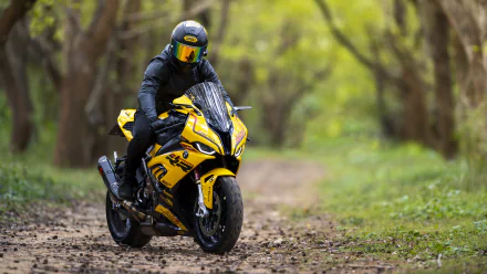 Yellow BMW S1000RR (BMW S1000) sport motorcycle vehicle with rider in black gear on a forest trail — 5K Ultra HD PC desktop wallpaper and background.