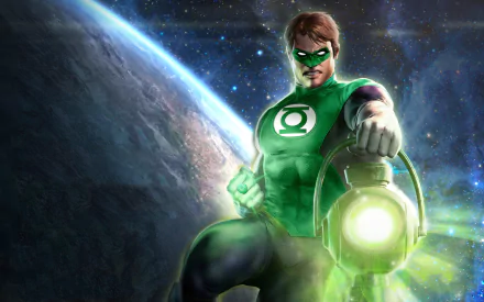 DC Comics' Hal Jordan as Green Lantern, glowing power ring and lantern, posed before Earth and stars — vibrant 2K Quad HD PC desktop wallpaper background