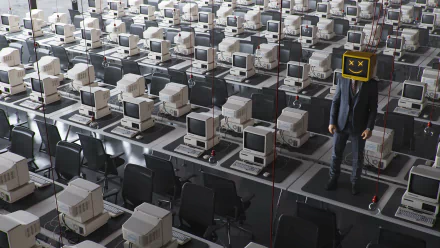 HD desktop wallpaper featuring a surreal array of vintage computers with a person standing amidst them, sporting a digital error message as a head for a creative background concept.