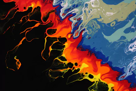 Abstract paint swirls in 5K Ultra HD PC desktop wallpaper and background: molten black and fiery red-orange flowing into cobalt and teal blue marbling.