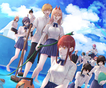 Anime-style HD PC desktop wallpaper featuring characters from Chainsaw Man in school uniforms against a bright blue sky with clouds.