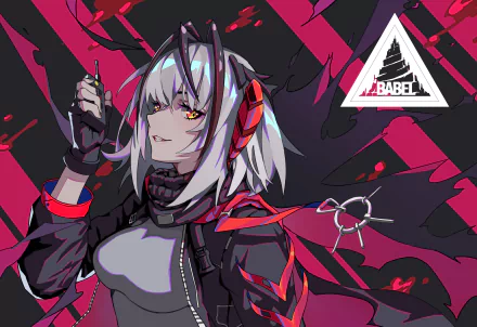 W (Arknights) portrait — smirking with white hair, red-black outfit and Babel emblem; vibrant video game 2K Quad HD PC desktop wallpaper.