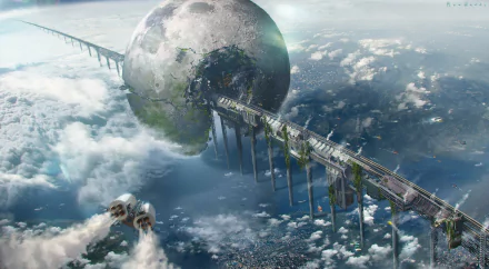 Sci-fi HD PC desktop wallpaper: a giant hollow moon-like structure anchored to a long skybridge stretching over clouds and ocean, with small spacecraft drifting nearby.