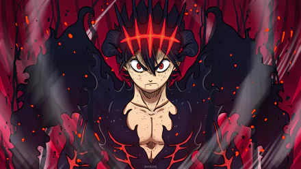 HD anime wallpaper featuring Asta from Black Clover with fiery red and black demonic wings in a dark, intense background.
