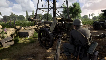 HD desktop wallpaper of Hell Let Loose featuring a soldier beside an artillery cannon against a WW2 battlefield backdrop.