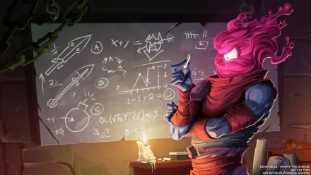 A vibrant HD wallpaper from the video game Dead Cells, featuring a character deep in thought, surrounded by scientific diagrams and equations on a chalkboard.
