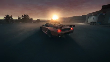 A sleek sports car drives into a stunning sunset in BeamNG.drive, creating a captivating HD desktop wallpaper that showcases the game's realistic graphics and immersive environment.