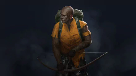 HD desktop wallpaper featuring a character from SCUM game, dressed in orange, holding a bow, set against a dark background.