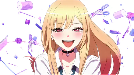 HD PC desktop wallpaper featuring Marin Kitagawa from the anime My Dress-Up Darling, smiling brightly with crafting tools floating around her.