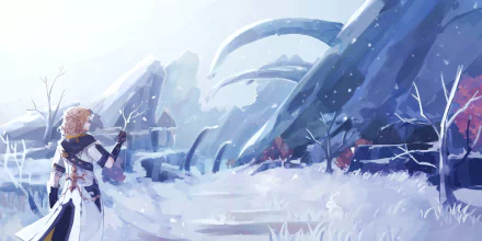 Albedo (Genshin Impact) stands in a snowy field facing ancient ice-carved arches, 2K Quad HD PC desktop wallpaper and background from the video game Genshin Impact.