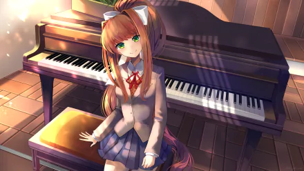 HD PC desktop wallpaper featuring Monika from the video game Doki Doki Literature Club!, seated beside a piano in warm, soft lighting.