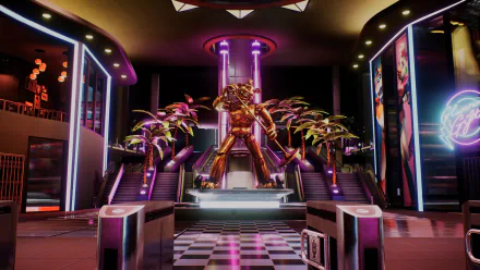 HD PC desktop wallpaper featuring a vibrant, neon-lit scene from the video game Five Nights at Freddy's: Security Breach, showcasing a golden animatronic statue.