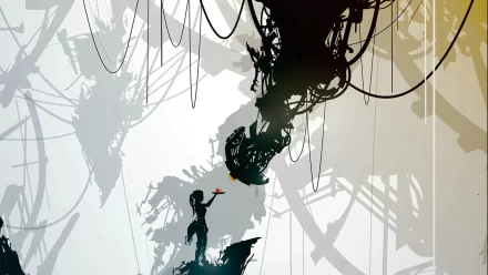 A stylized HD wallpaper featuring GLaDOS from Portal 2, showcasing intricate machinery and a silhouetted character interacting with various elements in a futuristic setting.