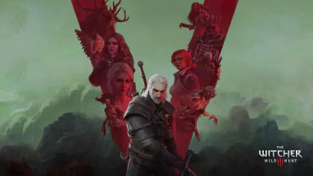 4K Ultra HD wallpaper of Geralt of Rivia, Triss Merigold, Yennefer of Vengerberg, and Ciri from The Witcher 3: Wild Hunt video game.