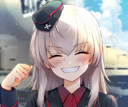 Erika Itsumi (Girls und Panzer) smiling anime portrait, fist raised before tanks and sky — vibrant 2K Quad HD PC desktop wallpaper background.