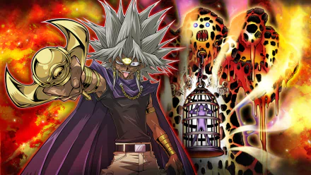 An HD desktop wallpaper featuring Marik Ishtar from Yu-Gi-Oh! Duel Links, showcasing his iconic style against a vibrant, chaotic background.