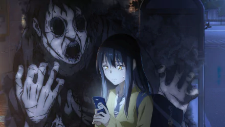 2K Quad HD PC desktop wallpaper/background of Miko Yotsuya (Mieruko-chan): a schoolgirl clutching her phone, eyes wide as grotesque, pale ghosts loom in blue-lit night shadows.