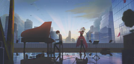 2K Quad HD PC wallpaper: Takt Asahina from Destiny (Takt Op. Destiny) plays a grand piano on a city rooftop as a violinist performs at sunrise in anime style.