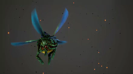 HD Deep Rock Galactic desktop wallpaper featuring a creature with glowing wings on a dark background with floating particles.