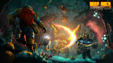 HD Deep Rock Galactic desktop wallpaper featuring armed dwarf characters in action.