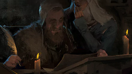 HD desktop wallpaper featuring a scene from Crusader Kings III with mysterious characters plotting over a map by candlelight.