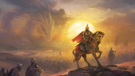 HD Crusader Kings III wallpaper featuring a knight on horseback with a sunset background.