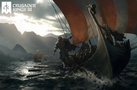 HD wallpaper of Crusader Kings III featuring a dramatic Viking ship at sea with warriors aboard and mountains in the background.