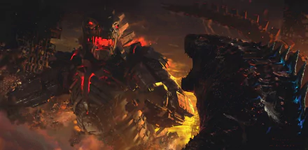 HD desktop wallpaper featuring Mechagodzilla and Godzilla in an intense battle scene from the movie Godzilla vs Kong with fiery, dark tones.