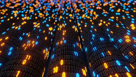 HD desktop wallpaper featuring an artistic display of glowing orange and blue binary code cascading in a futuristic technology-inspired design.