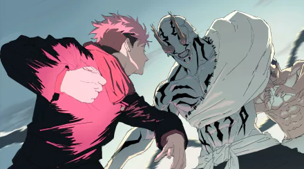 HD anime wallpaper featuring Yuji Itadori and Hanami from Jujutsu Kaisen, showcasing an intense battle scene with vibrant colors and dynamic poses.