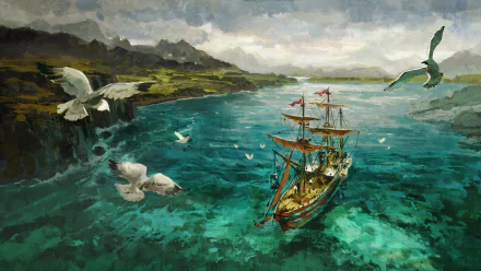 Anno 1800 video game 4K Ultra HD PC wallpaper: painted sailing ship in turquoise coastal waters, seagulls circling, cliffs and distant mountains beneath a cloudy sky.