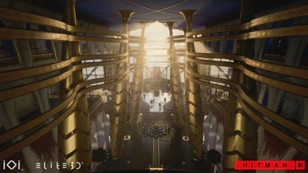 A stunning HD desktop wallpaper from Hitman 3, featuring a grand interior view with elegant architecture and a warm light shining through, creating an immersive atmosphere.