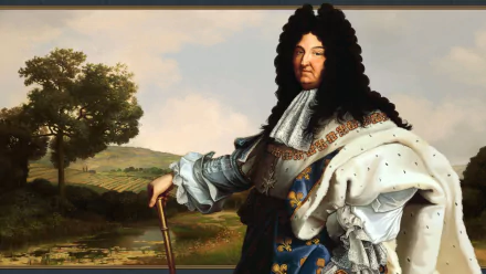 Europa Universalis IV HD desktop wallpaper featuring a regal historical figure in elaborate attire with a countryside background.