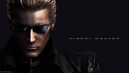HD PC desktop wallpaper of Albert Wesker from the video game Resident Evil — close-up of his stern face in sunglasses and a leather jacket against a dark background.