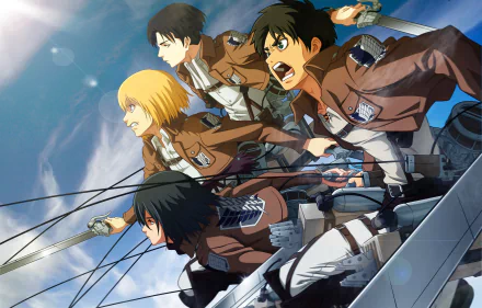 4K Ultra HD Attack on Titan wallpaper featuring Armin Arlert, Mikasa Ackerman, Levi Ackerman, and Eren Yeager in action with their ODM gear against a bright sky.