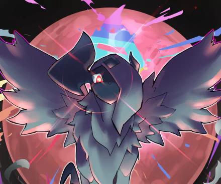 HD PC desktop wallpaper of Absol (Pokémon) in anime style, wings unfurled against a glowing red moon with neon accents — bold Pokémon background art.