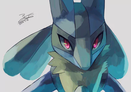 HD anime-style PC desktop wallpaper featuring a close-up of Lucario, the Pokémon, with intense red eyes and detailed shading.
