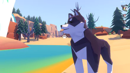 HD desktop wallpaper from Pupperazzi featuring a stylized animated dog in a colorful, tranquil outdoor setting with trees and a lake.