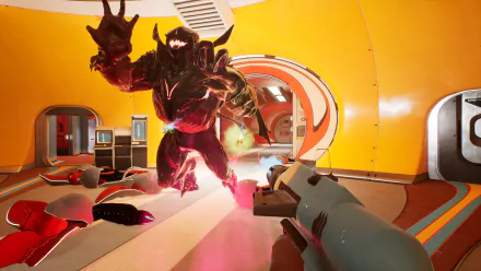 HD desktop wallpaper featuring a scene from The Anacrusis with a player character shooting at an alien creature in a vibrant spaceship corridor.