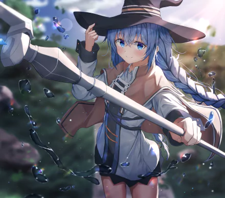 HD anime wallpaper featuring Roxy Migurdia from Mushoku Tensei: Jobless Reincarnation, wielding a staff with water droplets and a focused expression outdoors.