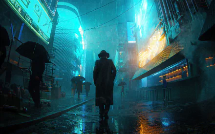 A futuristic cyberpunk city street at night, illuminated by vibrant neon signs and shrouded in rain and mist, captured in HD quality as a desktop wallpaper.
