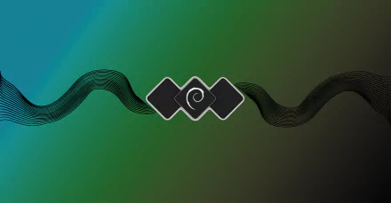 4K Ultra HD Linux technology wallpaper: Debian swirl logo centered on interlocking dark tiles over a green-to-blue gradient with a flowing black waveform background.